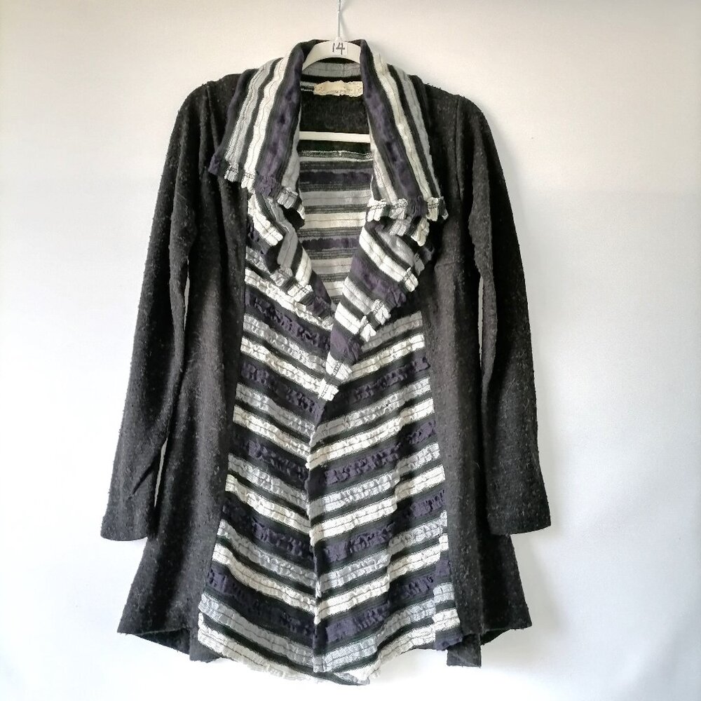 A'reve Womens Black & White Long Sleeve Striped Cardigan Sweater Size Medium